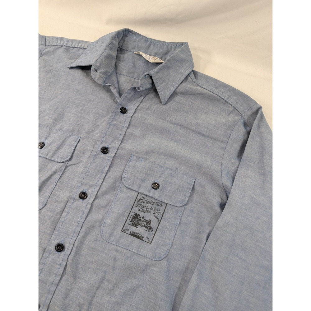 Vintage Five Brothers Chambray Shirt Men Medium Tall Blue  Oklahoma Steam Engine